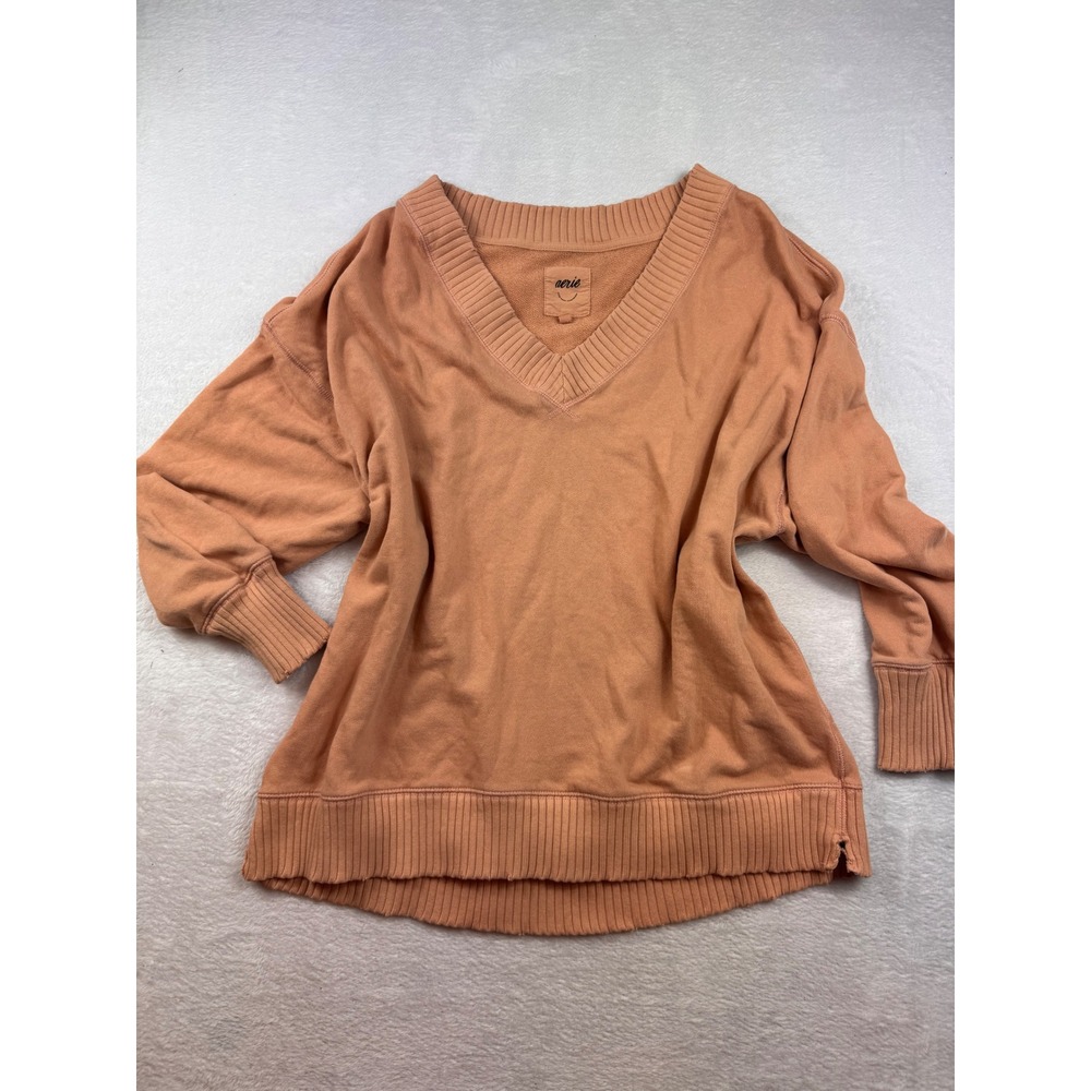 Aerie Womens Oversized V-Neck Sweatshirt Peach Coral Orange Ribbed Pullover M